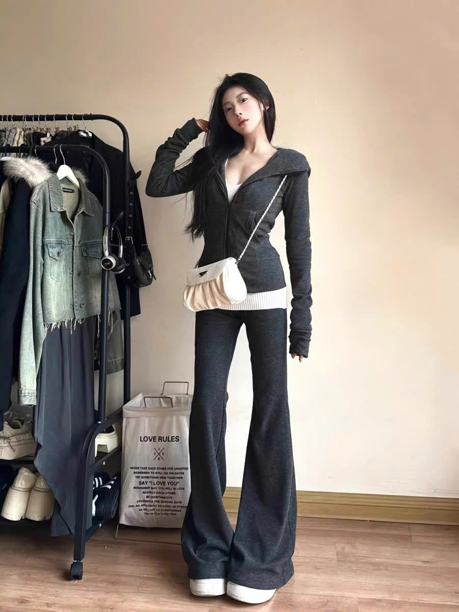 Set áo khoác và quần ống loe ghi xám tôn dáng