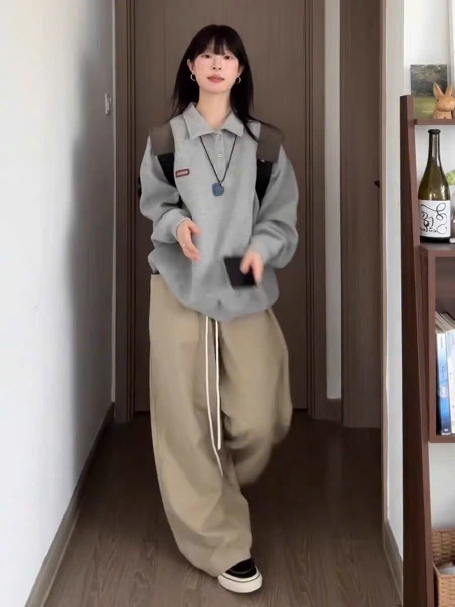 Set áo sweater có cổ và quần suông dây rút