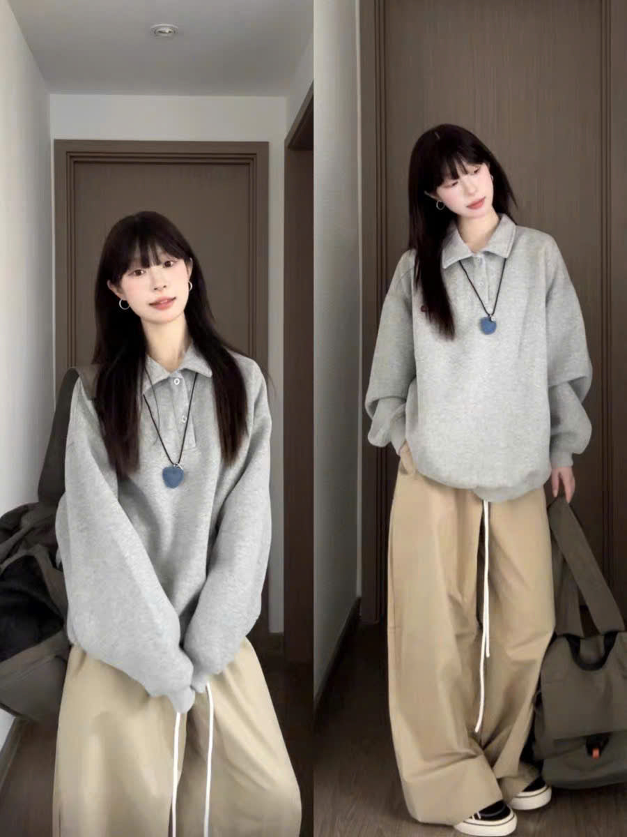 Set áo sweater có cổ và quần suông dây rút