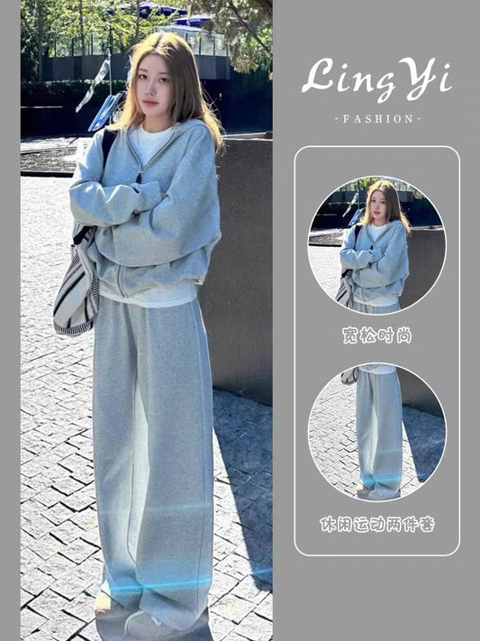 Bộ nỉ áo mũ trùm và quần suông xám - xanh đậm