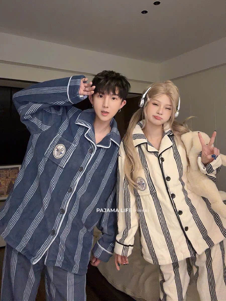 Đồ ngủ đôi pijama kẻ sọc lớp lông dày dặn