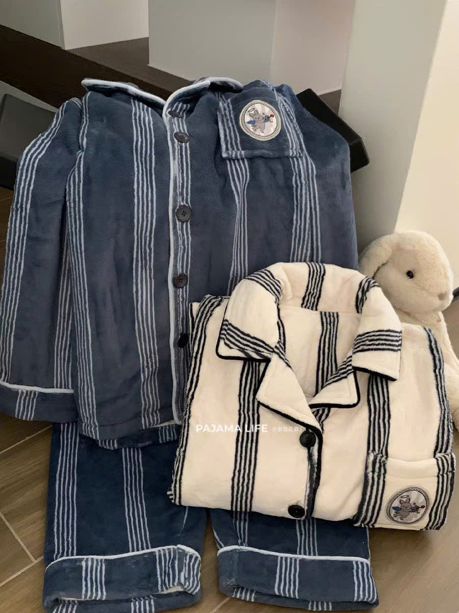 Đồ ngủ đôi pijama kẻ sọc lớp lông dày dặn