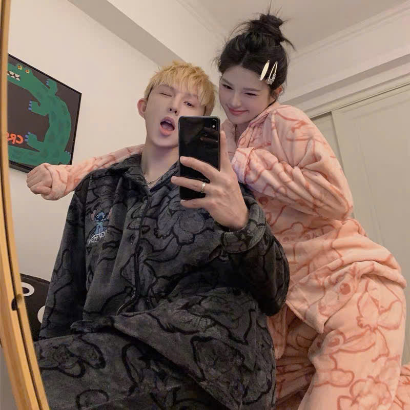 Bộ ngủ pijama lông hồng - đen cho cặp đôi
