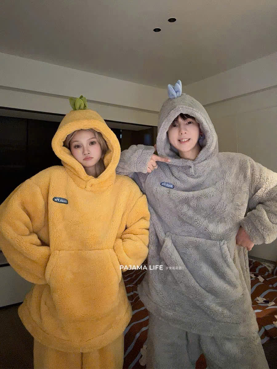 Bộ ngủ lông hoodie trái cây cho cặp đôi