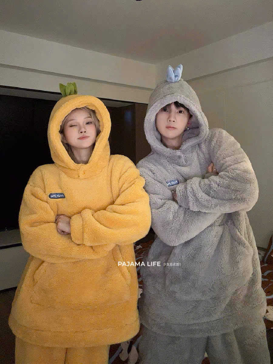 Bộ ngủ lông hoodie trái cây cho cặp đôi