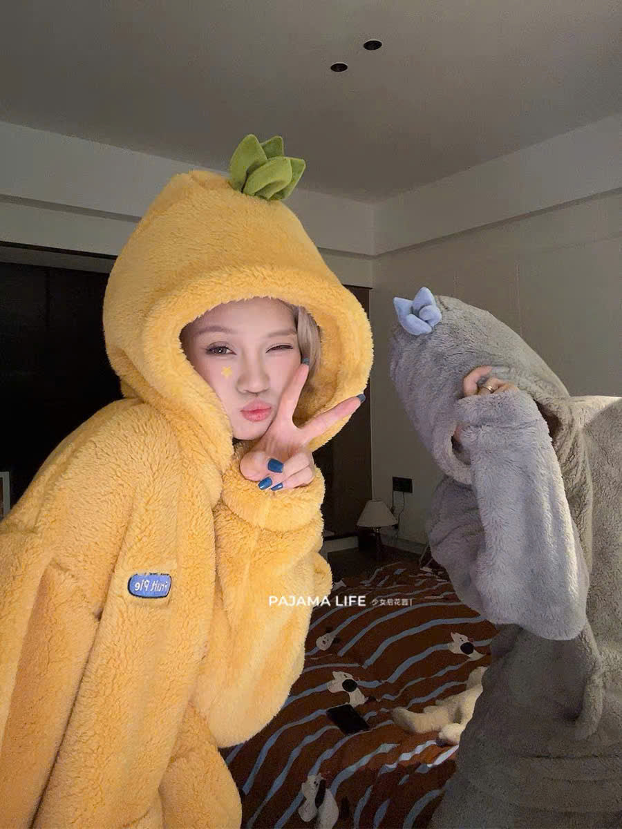 Bộ ngủ lông hoodie trái cây cho cặp đôi