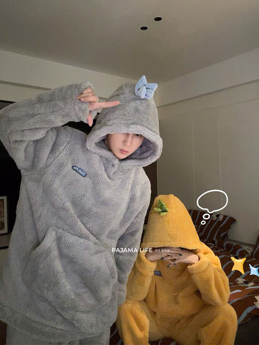 Bộ ngủ lông hoodie trái cây cho cặp đôi