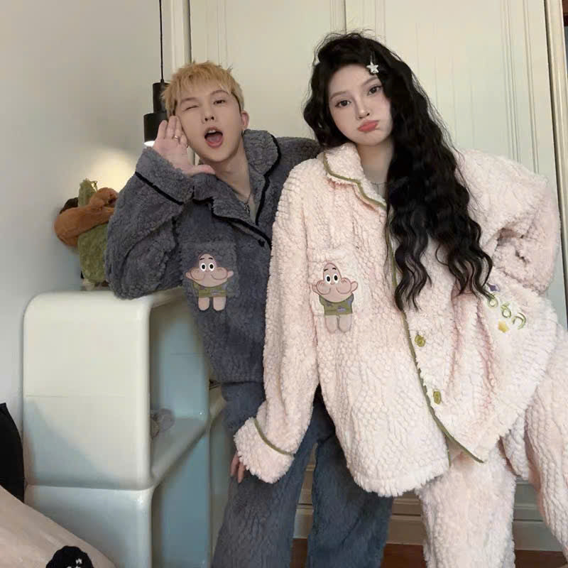 Bộ ngủ pijama lông sao biển xám - hồng cho cặp đôi