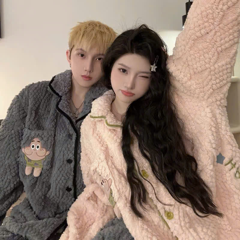 Bộ ngủ pijama lông sao biển xám - hồng cho cặp đôi