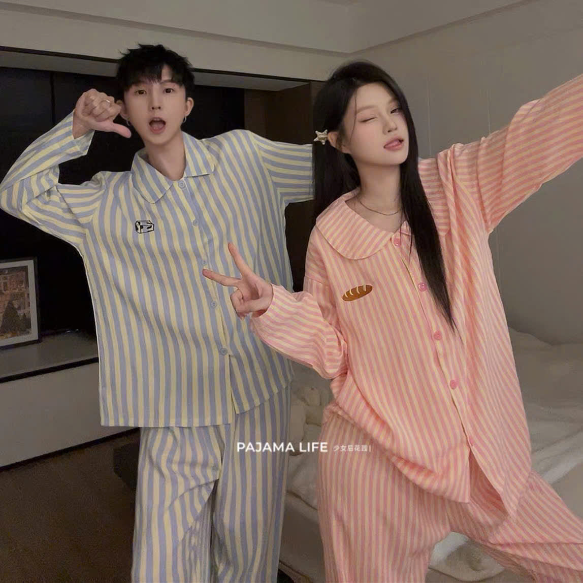 Pijama cặp đôi kẻ sọc xanh vàng - hồng vàng