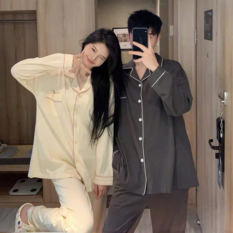 Pijama cặp đôi form truyền thống trắng kem - ghi