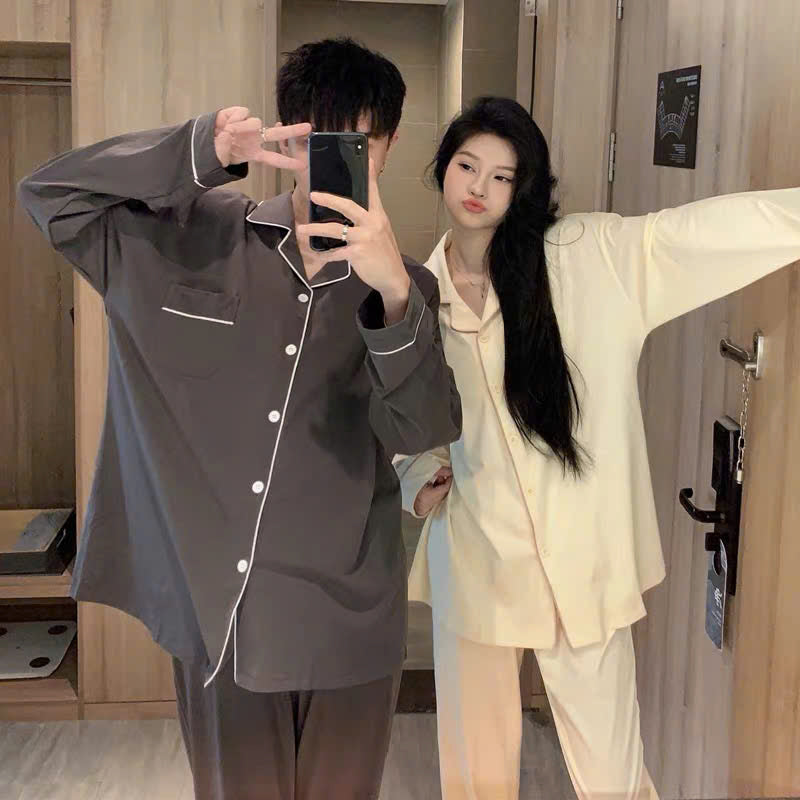 Pijama cặp đôi form truyền thống trắng kem - ghi