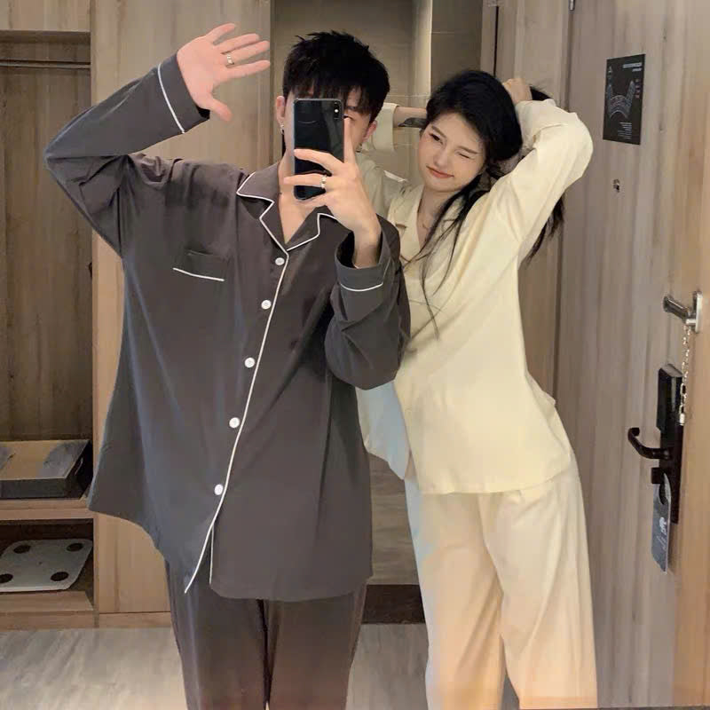 Pijama cặp đôi form truyền thống trắng kem - ghi