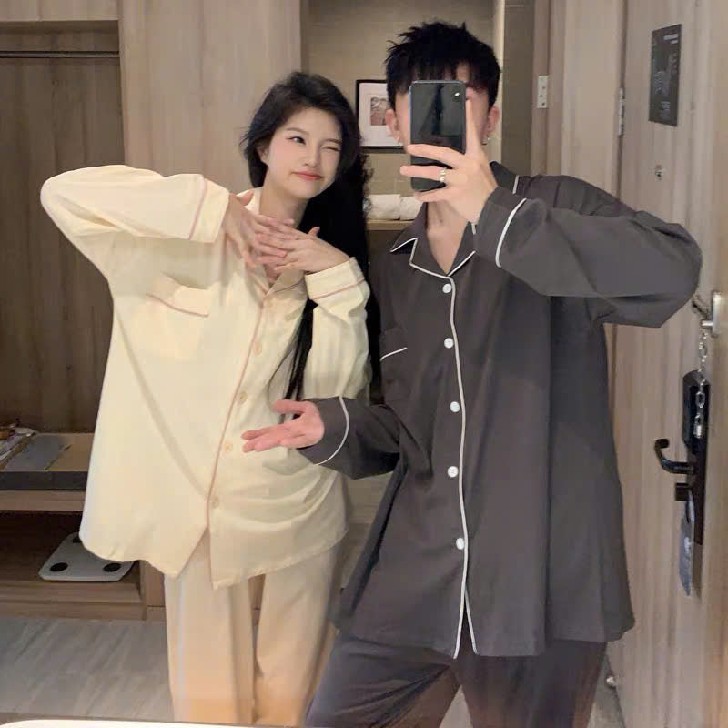 Pijama cặp đôi form truyền thống trắng kem - ghi