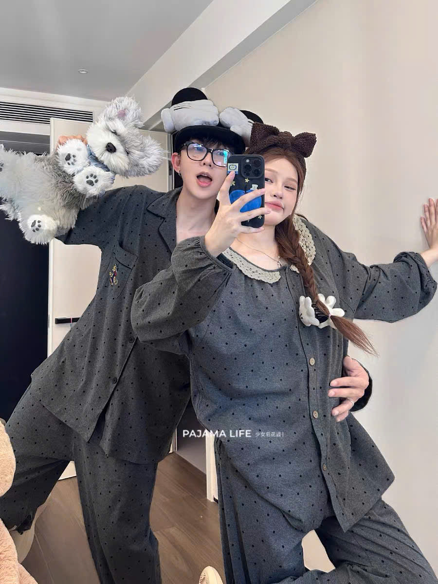 Pijama cặp đôi xám chấm bi