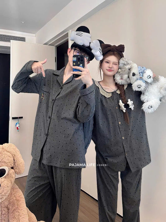 Pijama cặp đôi xám chấm bi