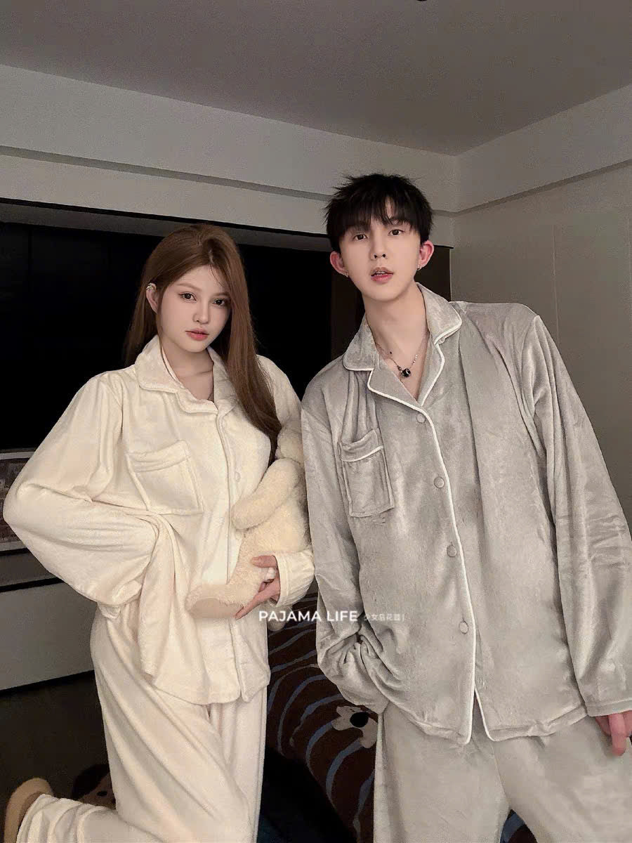 Pijama lông trắng - xám trơn cho cặp đôi