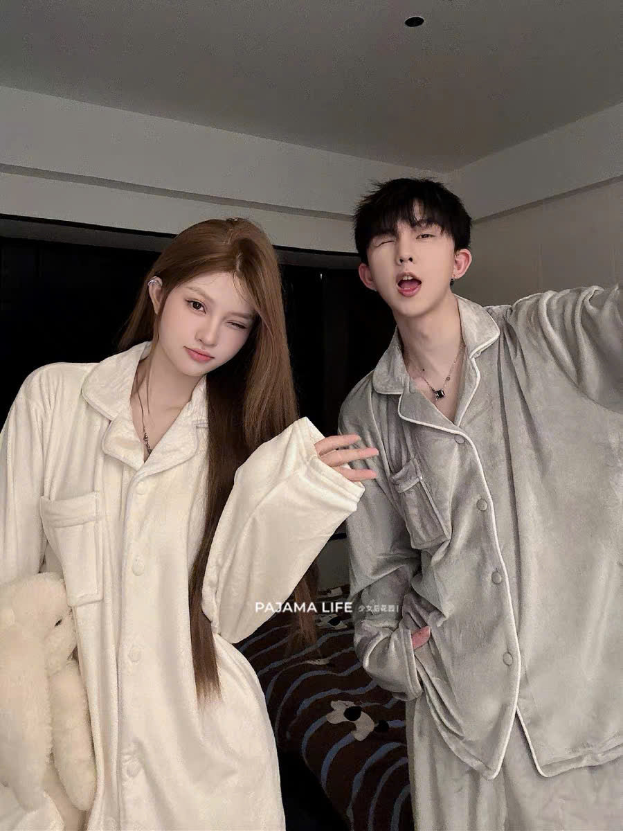 Pijama lông trắng - xám trơn cho cặp đôi