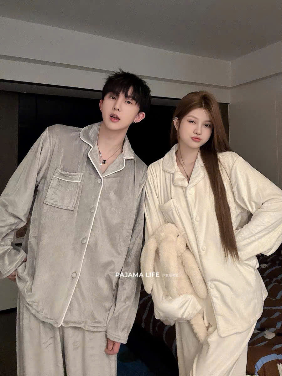 Pijama lông trắng - xám trơn cho cặp đôi