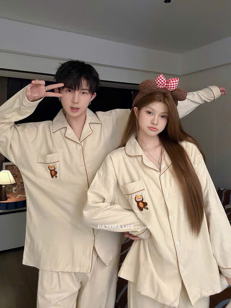 Pijama cặp đôi trắng kem hình gấu mèo