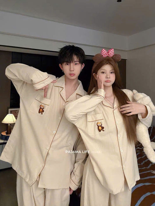 Pijama cặp đôi trắng kem hình gấu mèo