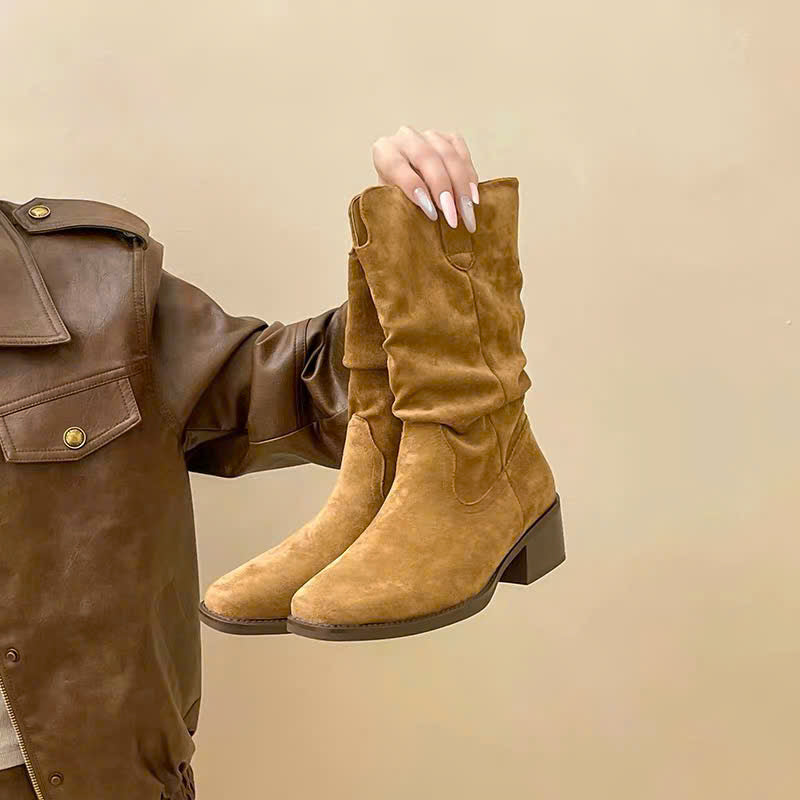 Boots da đế vuông da lộn và da bóng