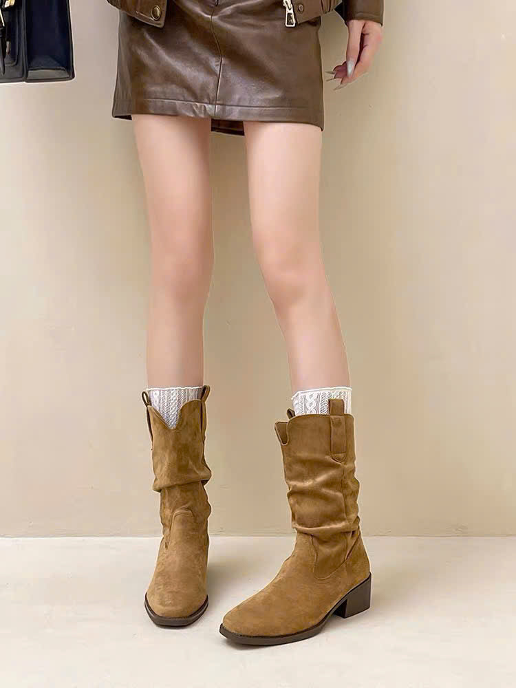 Boots da đế vuông da lộn và da bóng