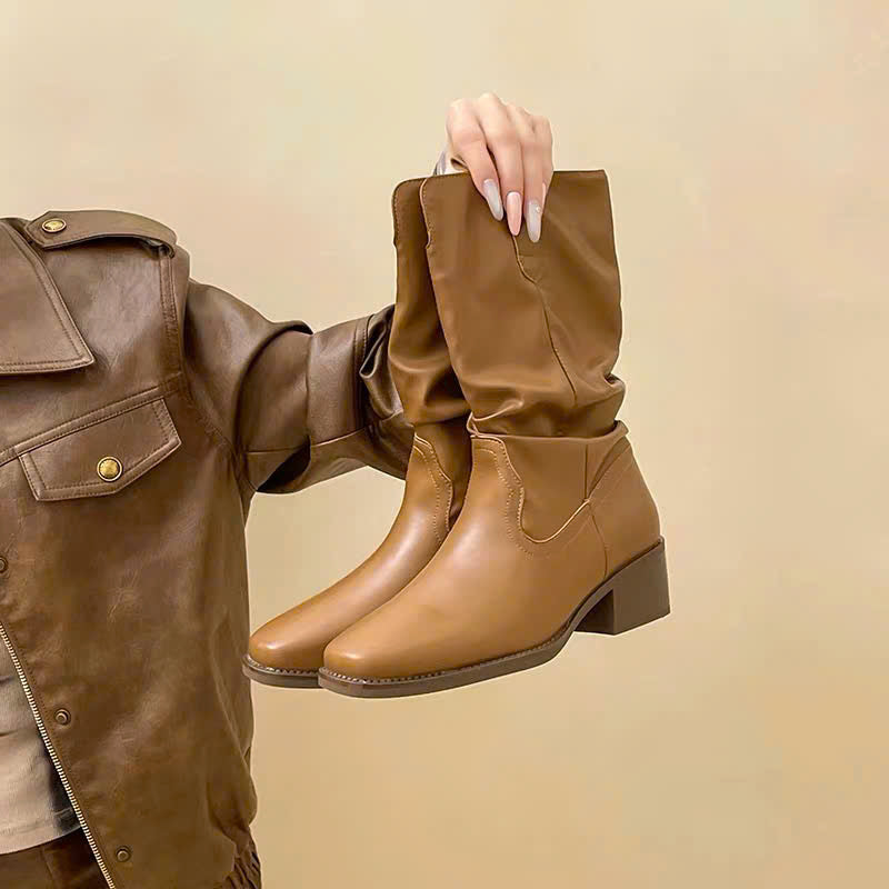 Boots da đế vuông da lộn và da bóng