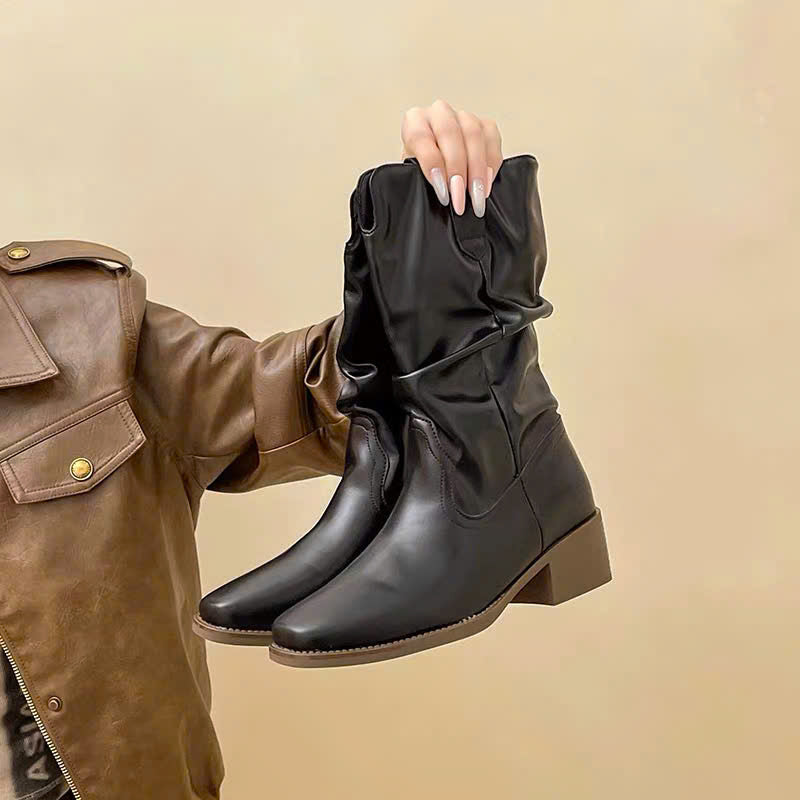 Boots da đế vuông da lộn và da bóng