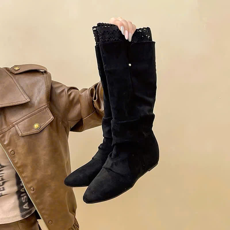 Boots da nhún cổ cao viền ren