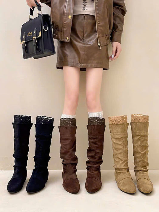 Boots da nhún cổ cao viền ren