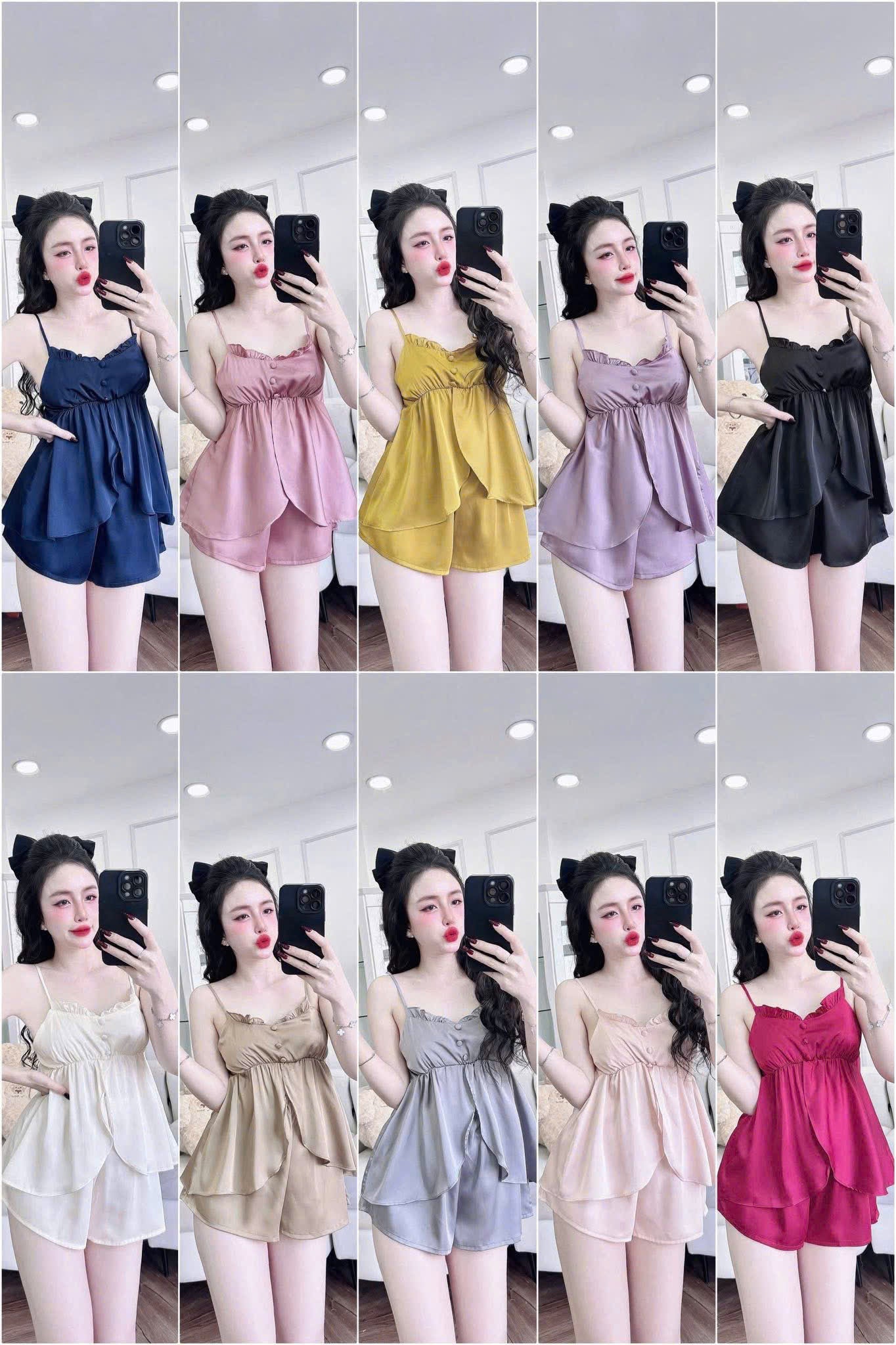 Bộ ngủ đùi 2 dây xẻ tà nút bọc ánh kim nhẹ