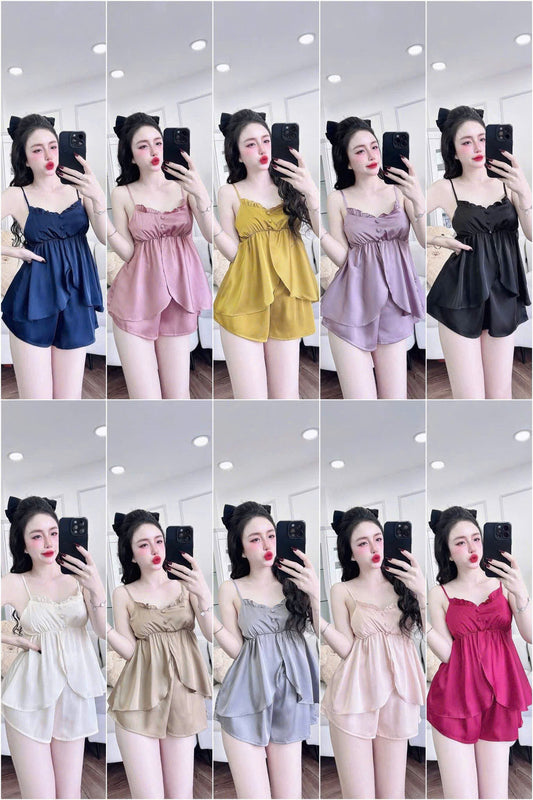 Bộ ngủ đùi 2 dây xẻ tà nút bọc ánh kim nhẹ