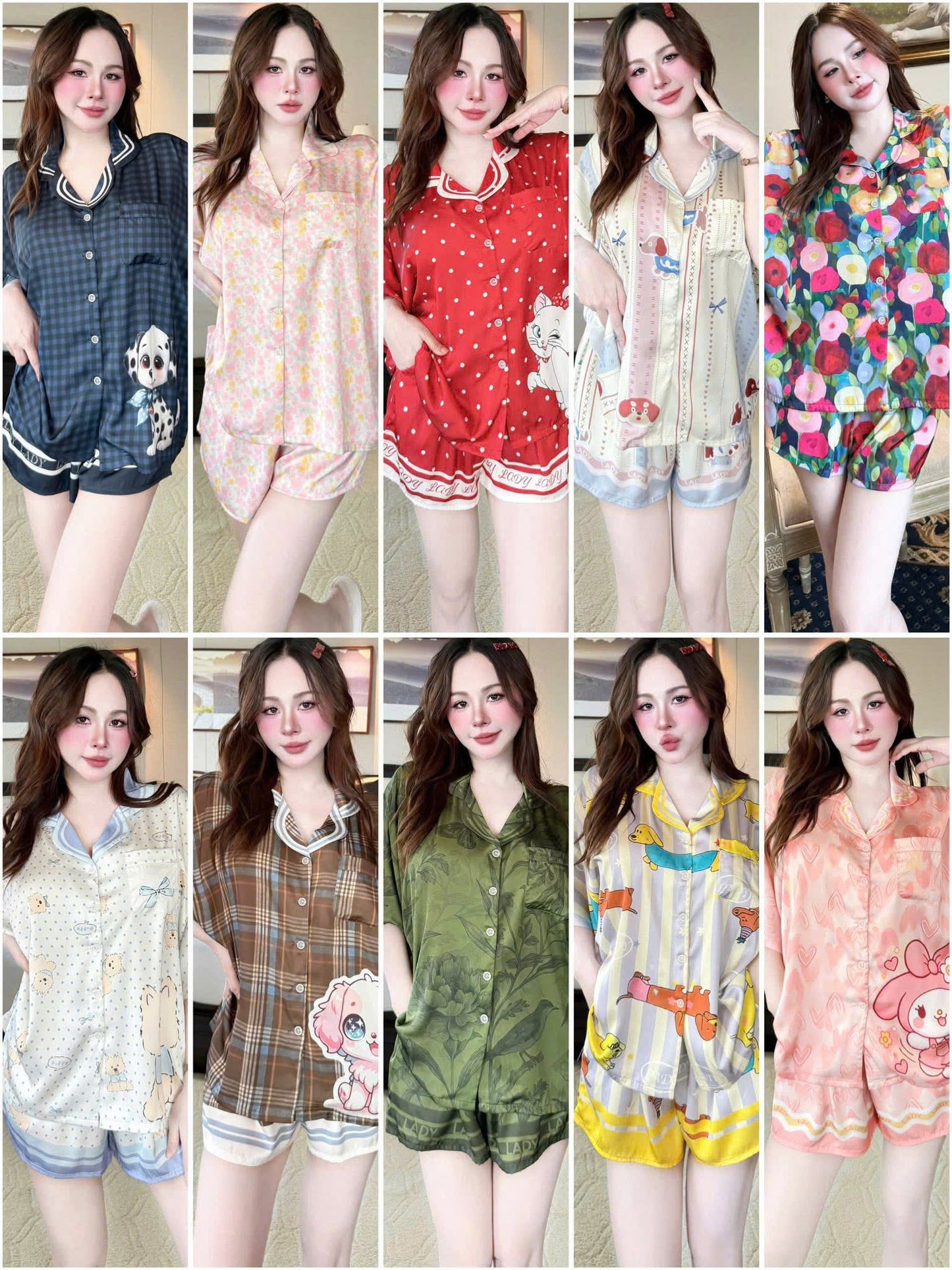 Bộ ngủ đùi áo cánh dơi cổ pijama dưới 70kg
