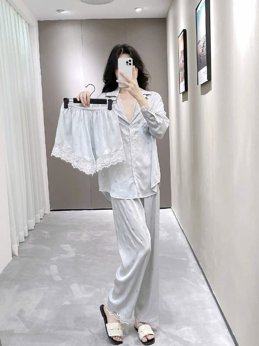 Set ngủ lụa 3 món áo cổ vest và quần dài - ngắn