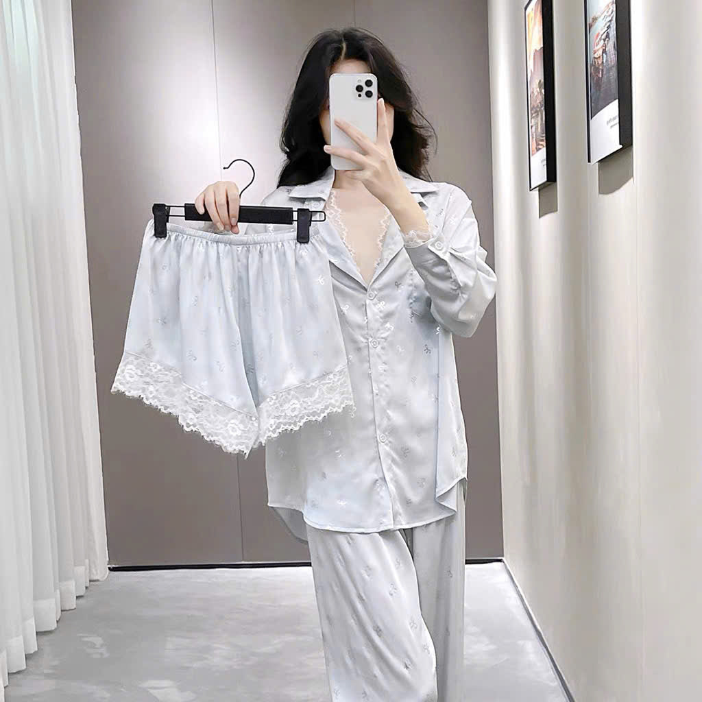 Set ngủ lụa 3 món áo cổ vest và quần dài - ngắn