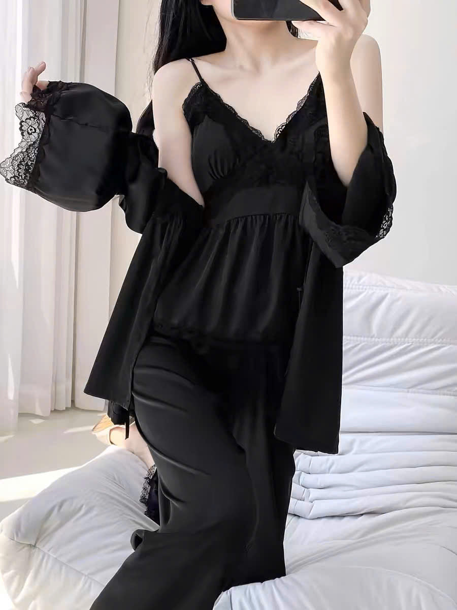 Bộ ngủ lụa 2 dây quần dài kèm áo choàng