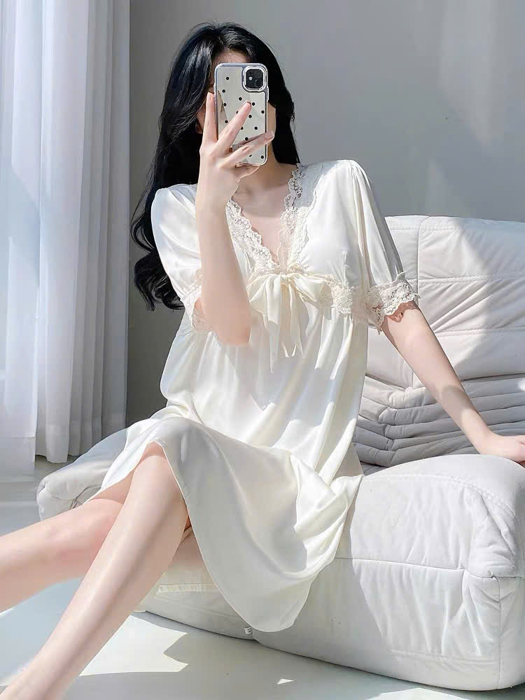 Đầm ngủ lụa ren nơ tiểu thư form suông