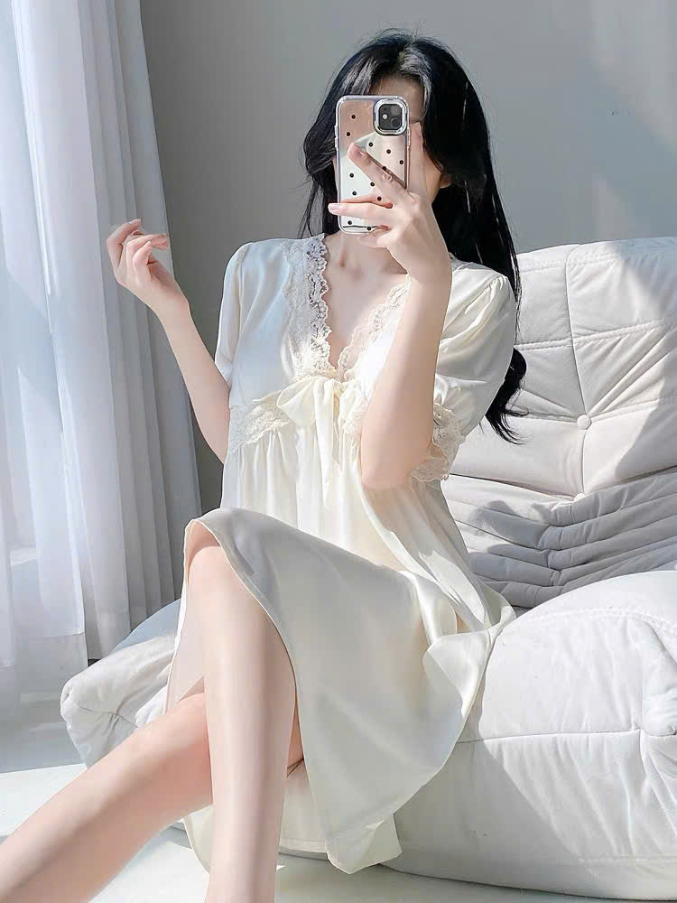 Đầm ngủ lụa ren nơ tiểu thư form suông