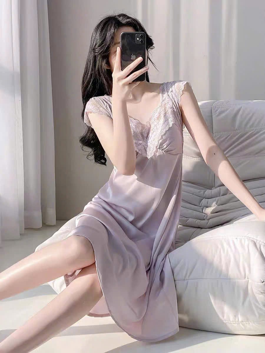 Đầm ngủ lụa suông phối ren
