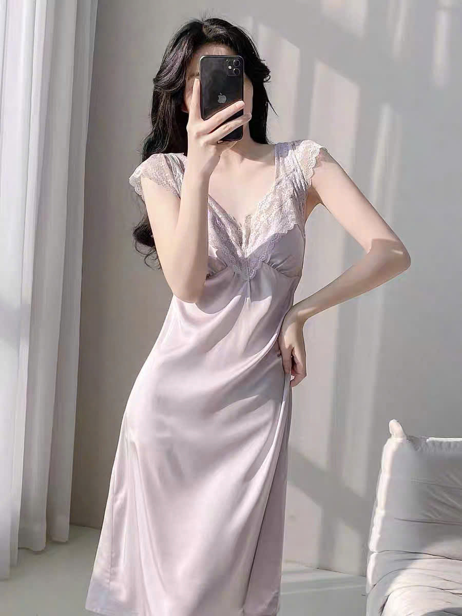 Đầm ngủ lụa suông phối ren