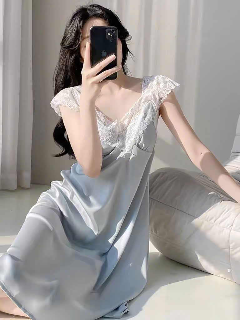 Đầm ngủ lụa suông phối ren