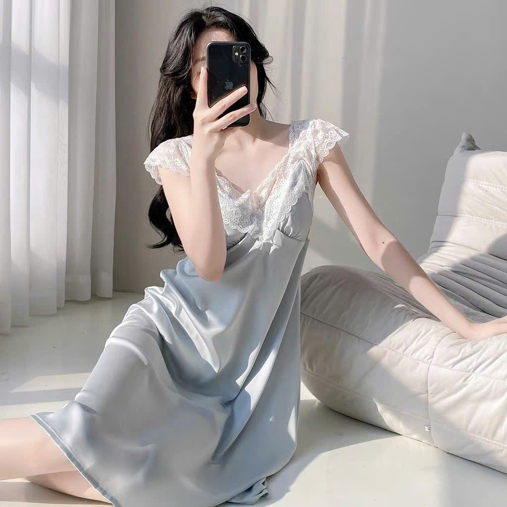 Đầm ngủ lụa suông phối ren