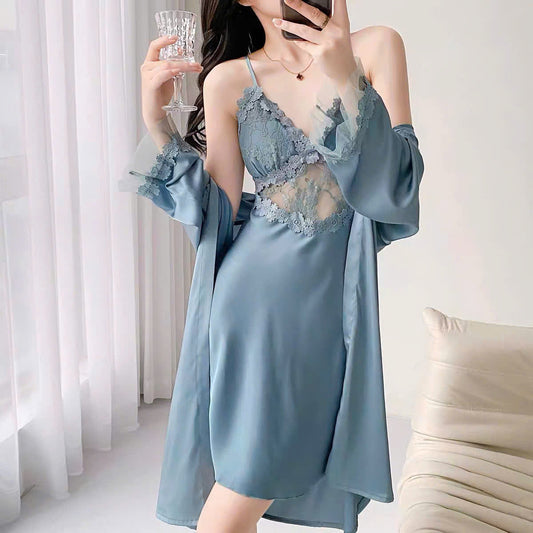 Đầm ngủ lụa 2 dây phối voan kèm áo choàng