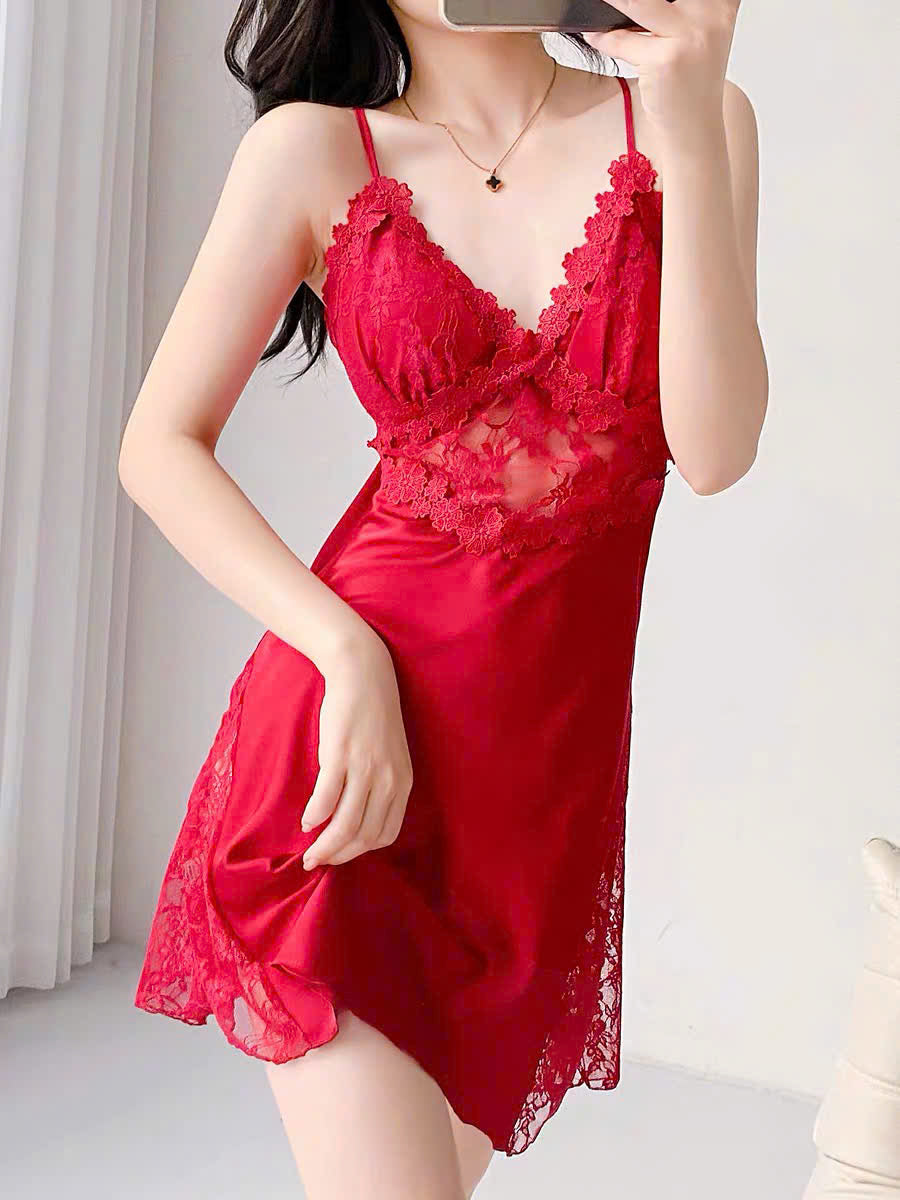 Đầm ngủ lụa 2 dây phối voan kèm áo choàng