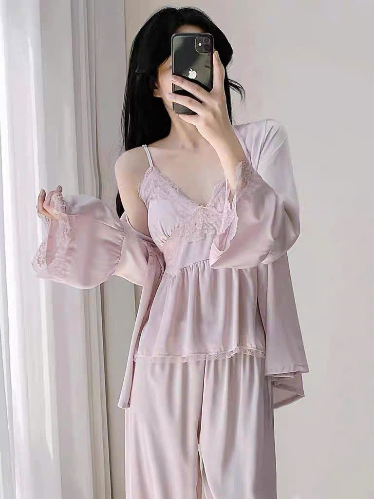 Bộ ngủ lụa 2 dây quần dài kèm áo choàng