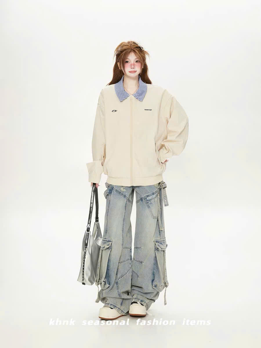Áo khoác jacket cổ caro xanh