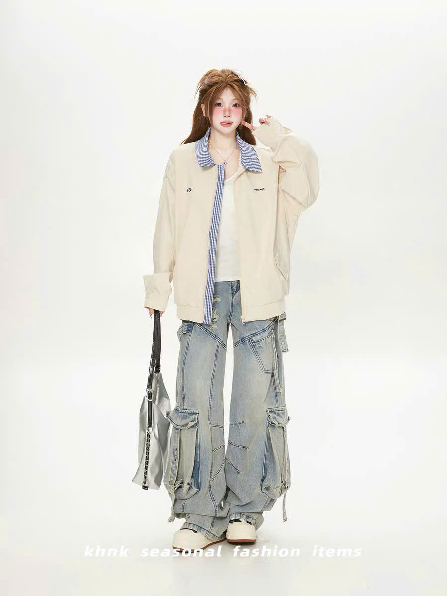 Áo khoác jacket cổ caro xanh