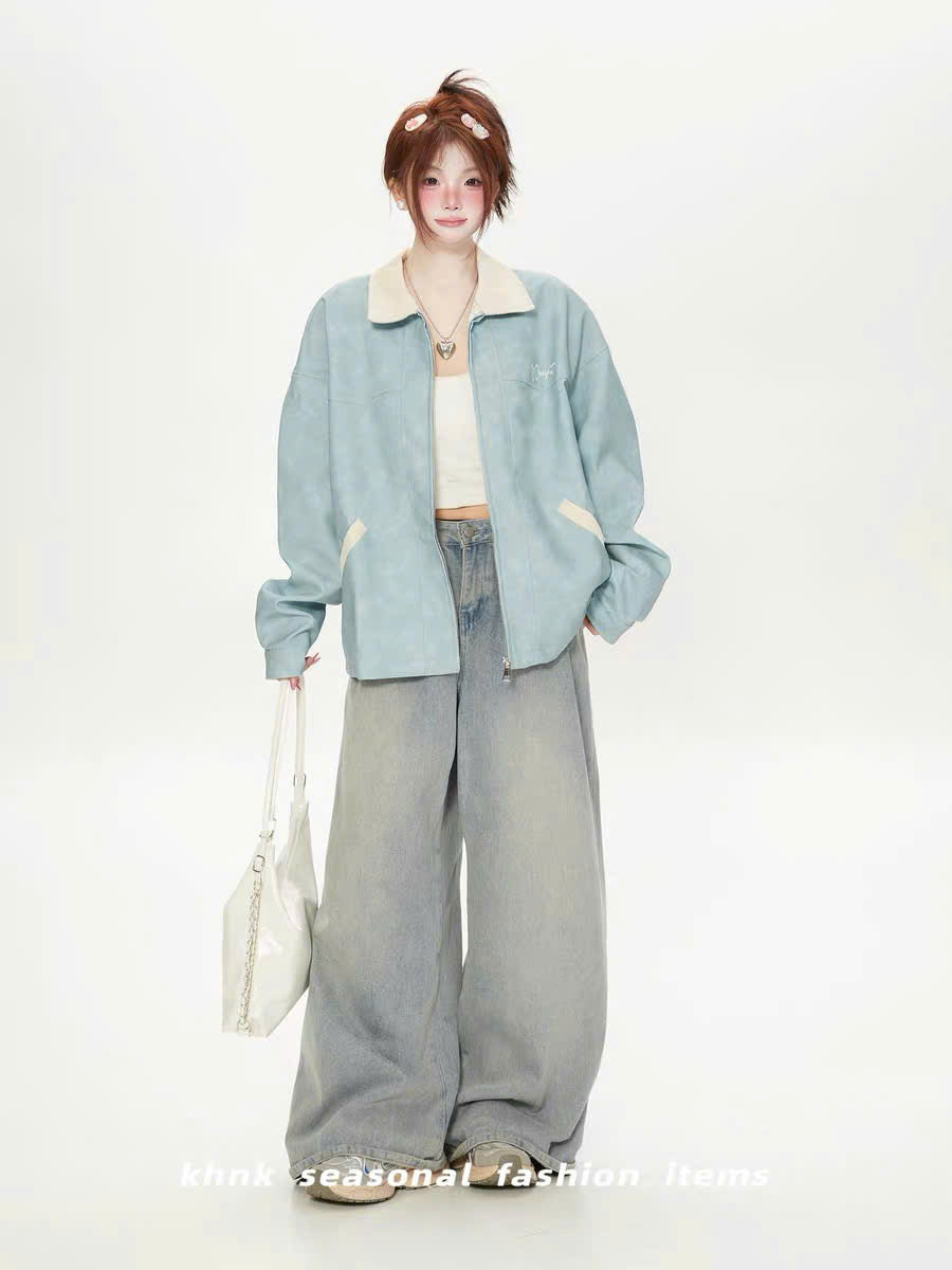 Áo khoác jacket da retro xanh - đen