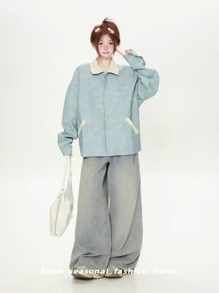 Áo khoác jacket da retro xanh - đen